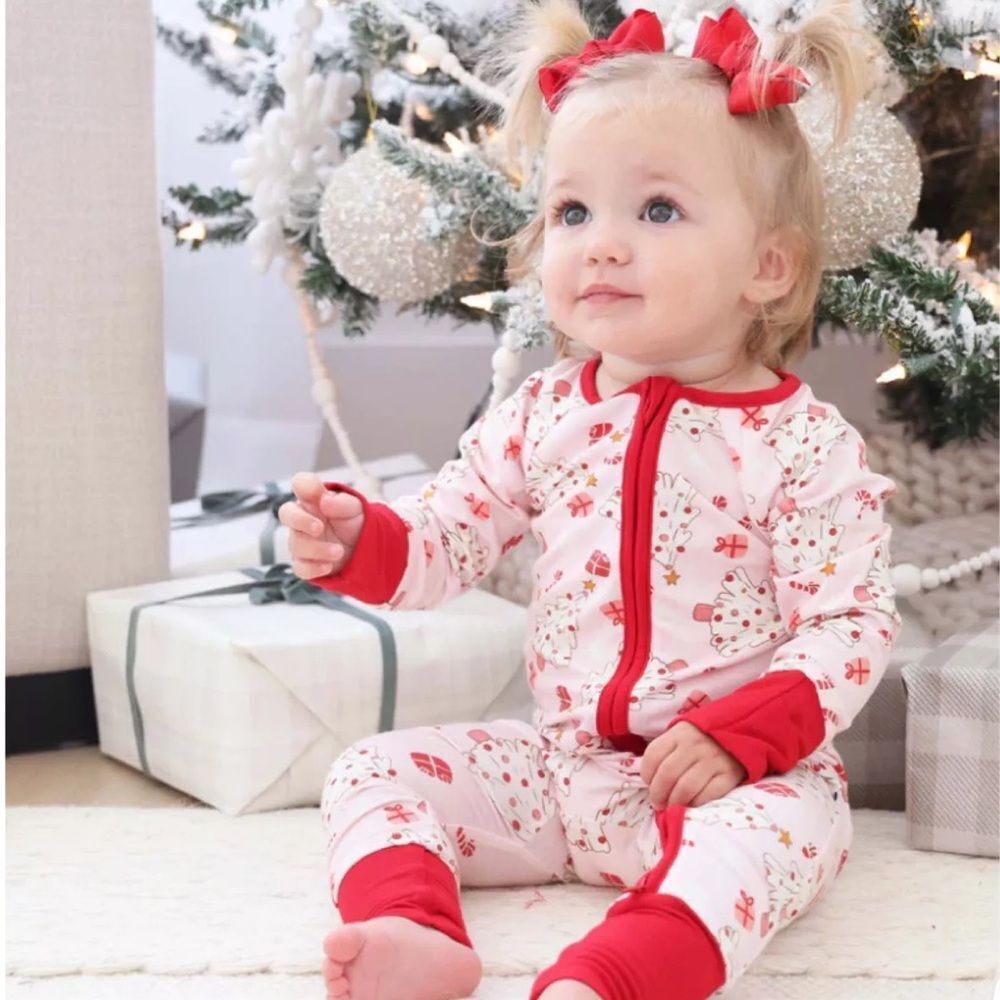 Caden Lane Baby Pink Red Christmas Tree Novelty Print Bamboo Footie PJ Sz 3-6M